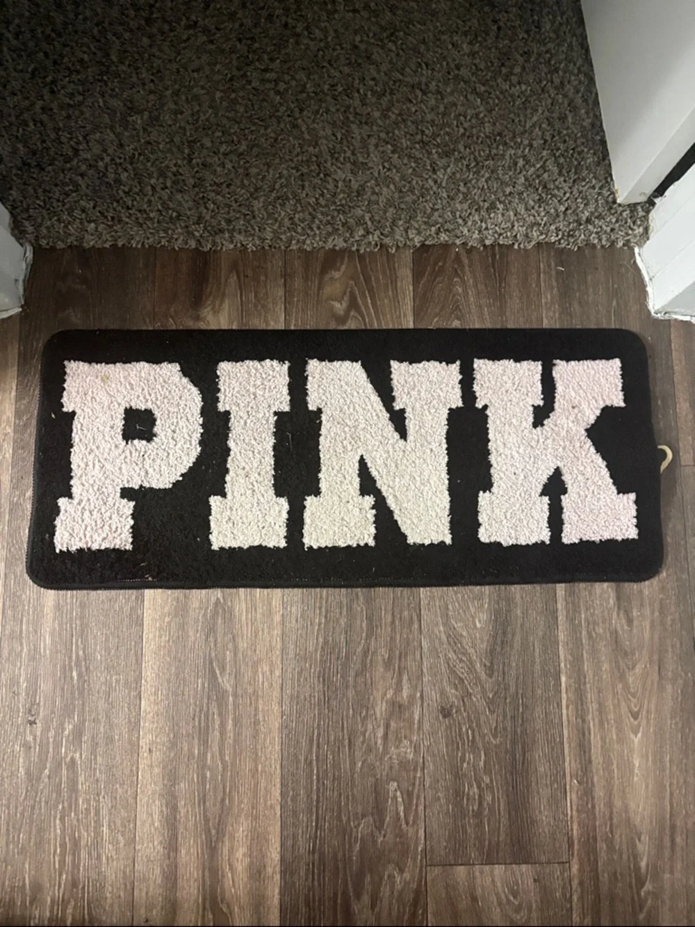 PINK Victoria's Secret Black Doormat with Light Pink Lettering